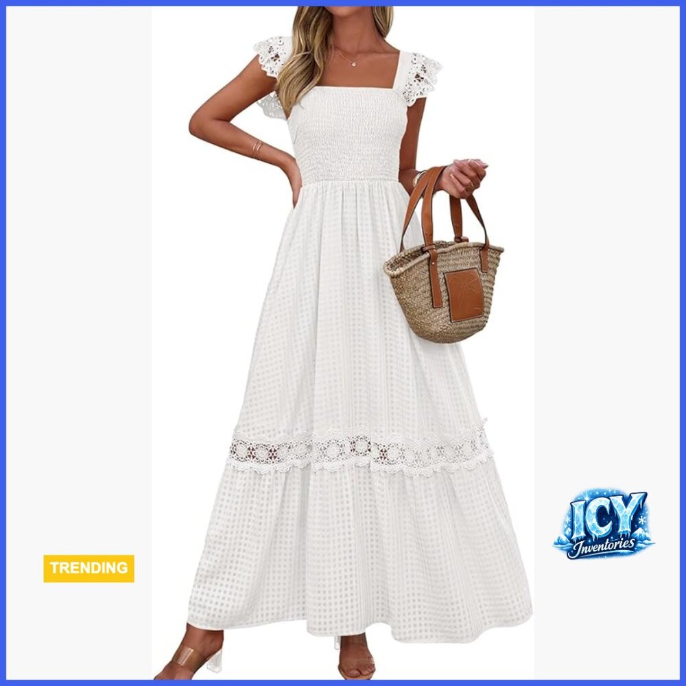 Polyester Smocked Maxi Dress with Lace Detail, Pockets, Square Neck